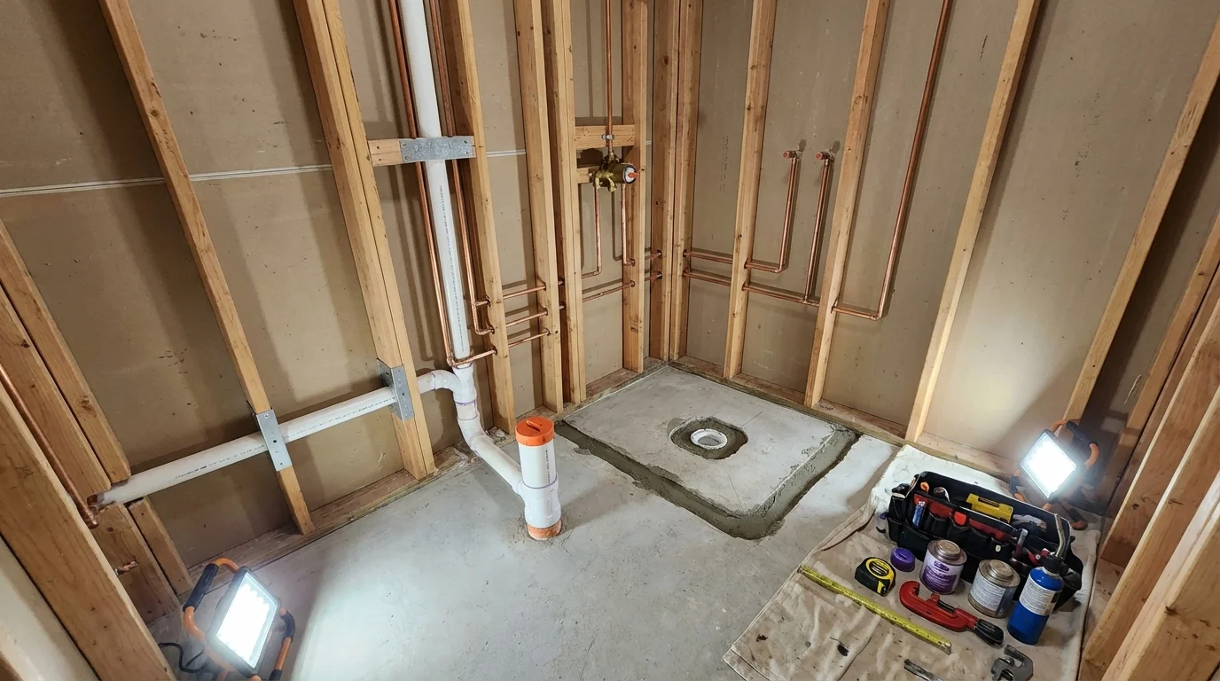 Bathroom rough-in plumbing during remodel by Johns Plumbing LLC in Bear Creek