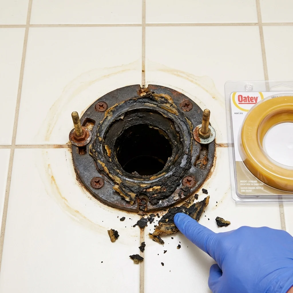 Failed wax ring showing water seepage at the base of a toilet in a Bear Creek, AL home