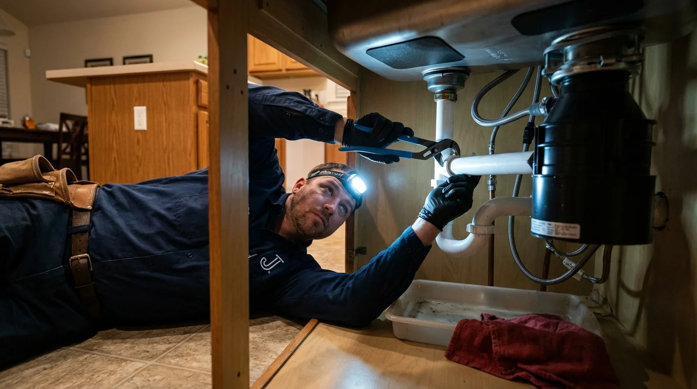 P-trap and supply line connections under a kitchen sink showing a common leak point in Bear Creek, AL